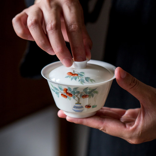 三点水白瓷粉彩手绘薄胎盖碗茶杯