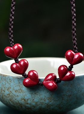 天然原矿朱砂项链紫金砂爱心吊坠锁骨链手工编织绳女款本命年礼物