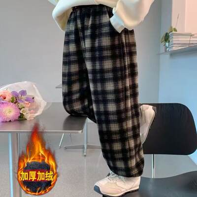 女童秋冬款加厚格子休闲运动长裤