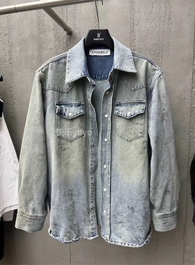 欧货bobo1972松弛废土风辣妹泥染做旧牛仔衬衫不挑身材显瘦外套