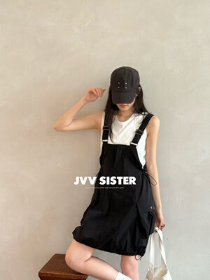 JVV SISTER速干美式复古吊带连衣裙设计感大口袋抽绳宽松工装短裙