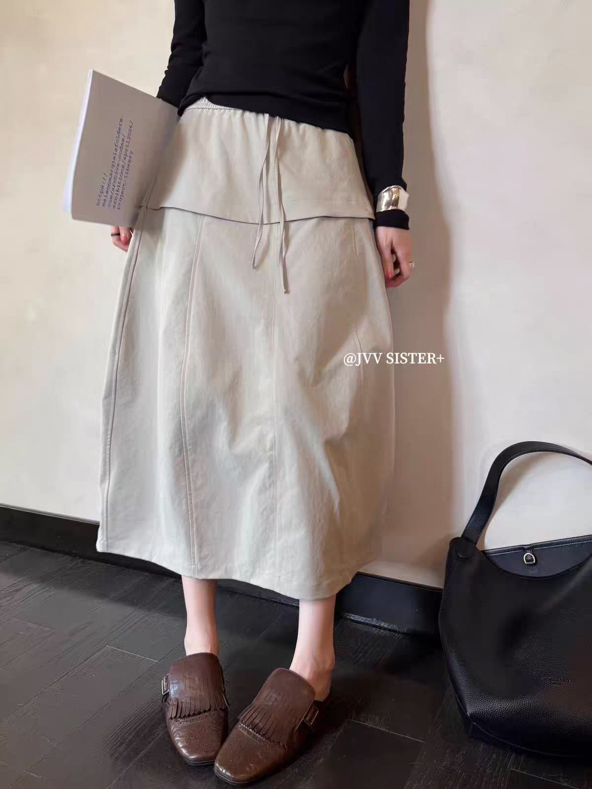 JVVSISTER韩版宽松休闲百搭显瘦松紧腰抽绳半身裙女72788秋冬新款