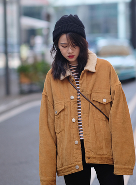 反季清仓  红色灯芯绒加绒加厚羊羔毛外套女港风复古棉服2023冬季