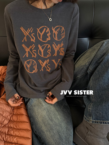 JVV时尚百搭宽松休闲圆领T恤女2026秋冬新款上衣01355
