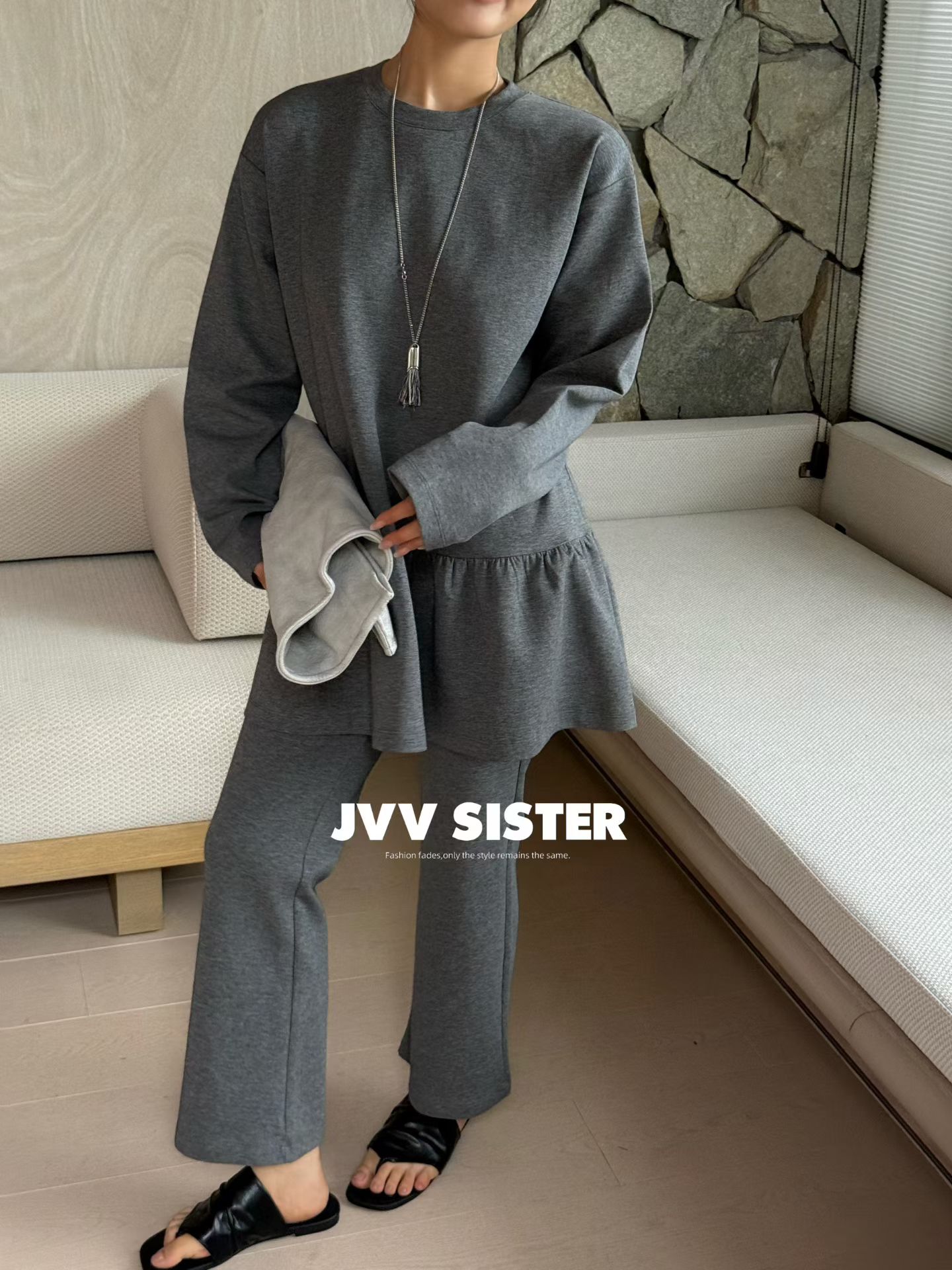 JVVSISTER韩版宽松休闲显瘦上衣+阔腿裤套装女2026秋冬新款91073