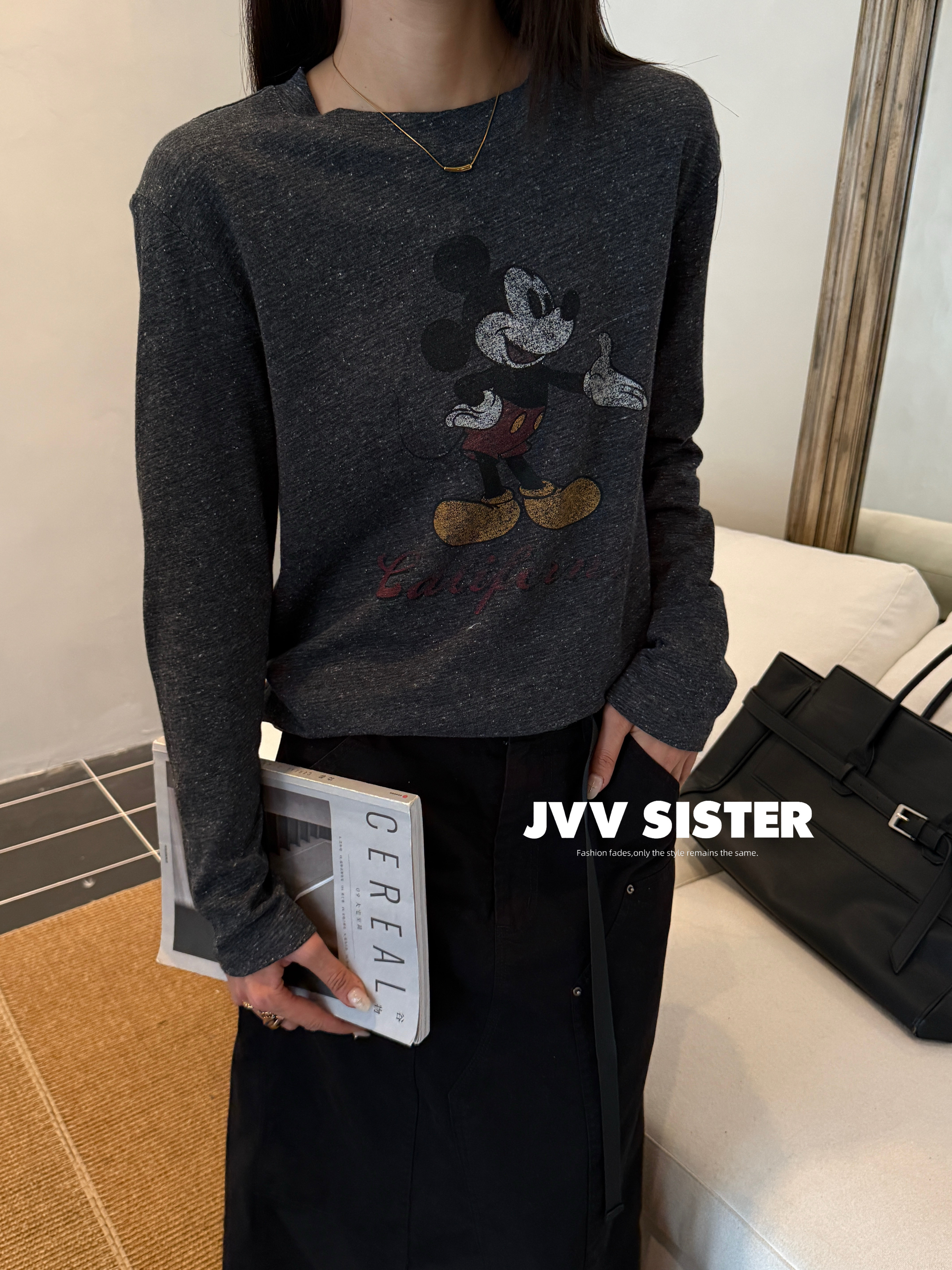 JVVSISTER美式复古米奇印花圆领T恤女2026秋冬新款上衣女91283