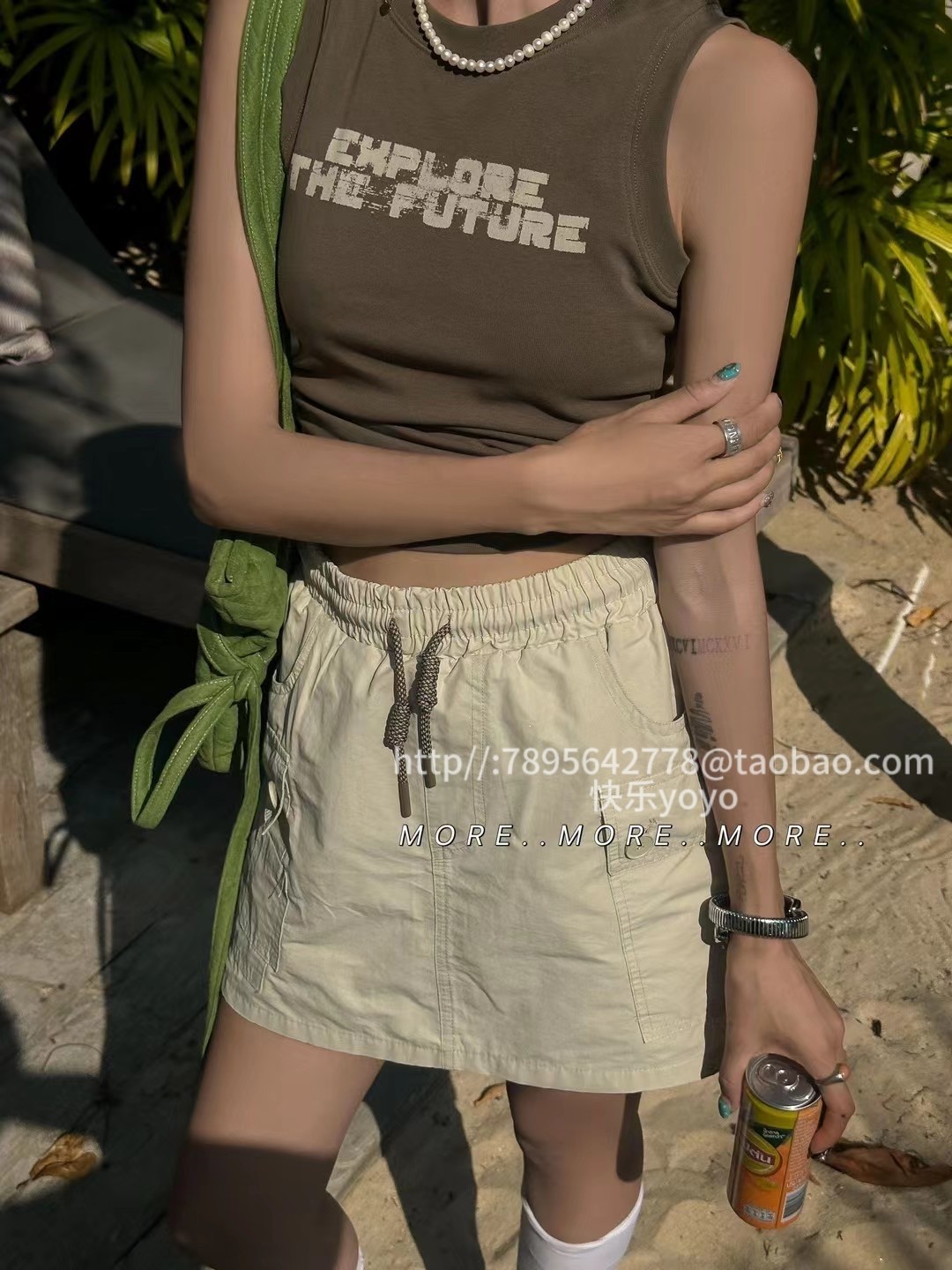 MORE粉色工装半身裙女夏季抽绳高腰a字小个子显瘦美式速干短裙裤