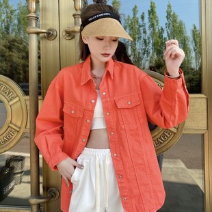 桔红色牛仔衬衣女2024夏季新品韩版宽松显瘦中长款外穿打底上衣潮