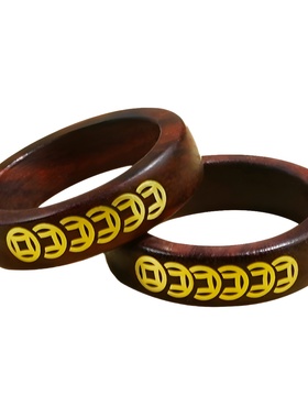 小叶紫檀镶银钱途无量实木戒指镶嵌国风铜币个性招财指环饰品