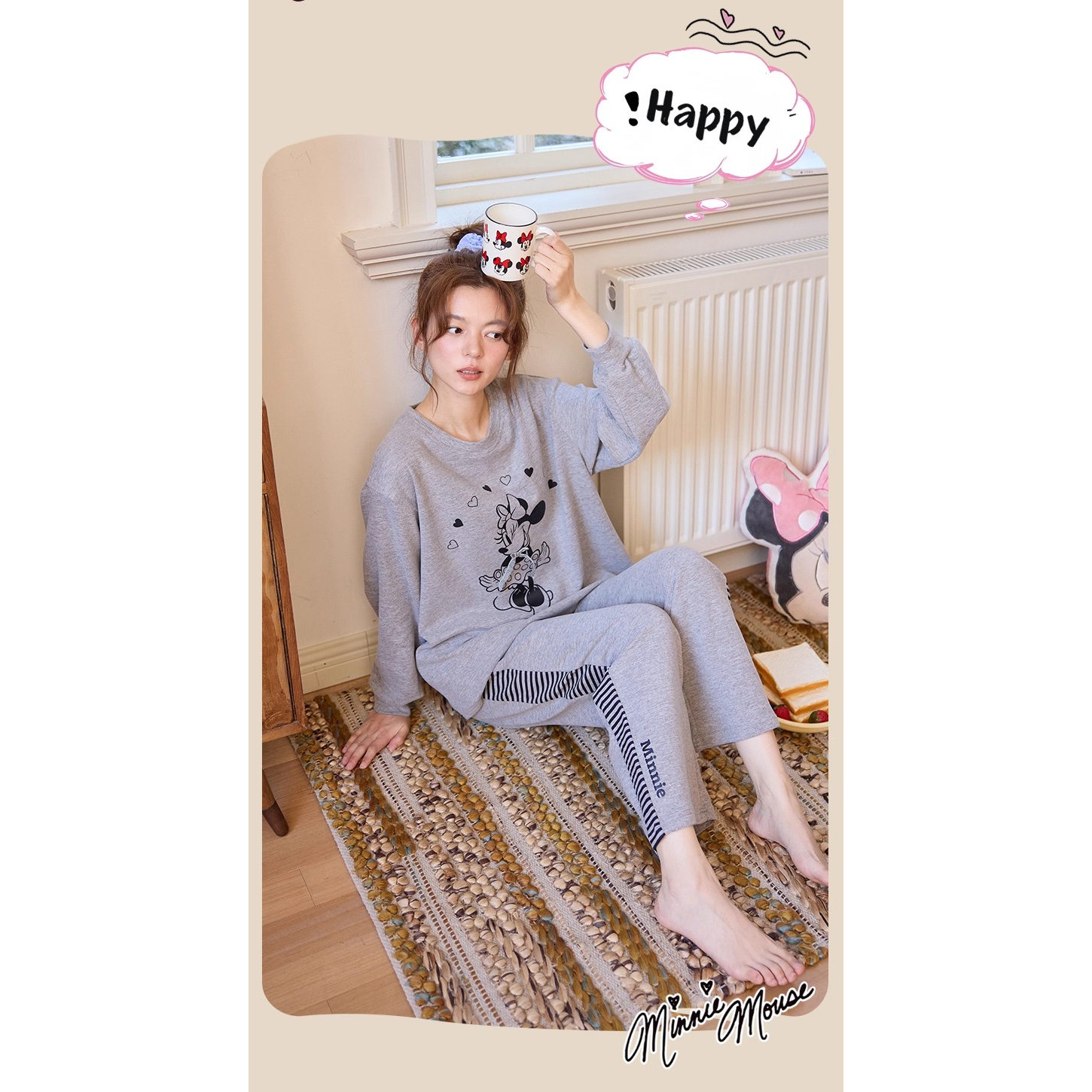Disney迪士尼羊绒蚕丝圆领套头女秋冬长袖长裤休闲舒适家居服0219