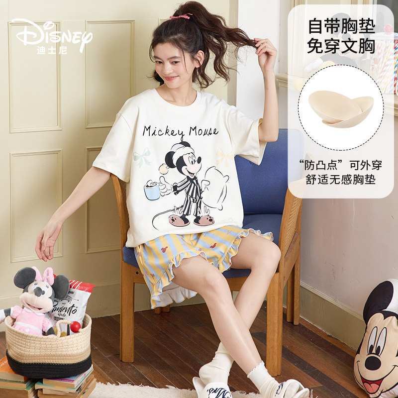 Disney迪士尼夏季新款套头短袖短裤纯棉带胸垫卡通舒适家居服0281