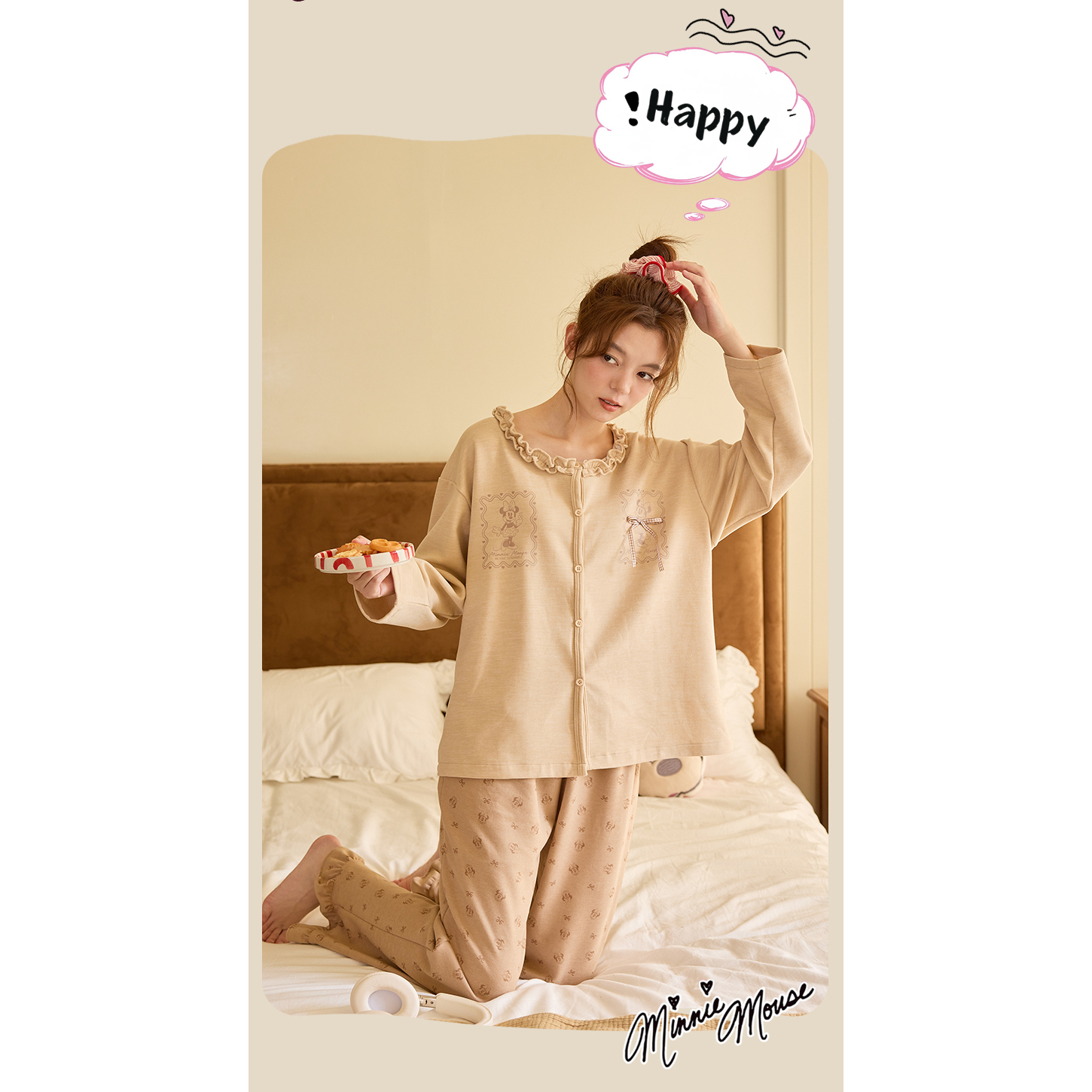 Disney迪士尼女秋冬羊绒蚕丝开衫长袖长裤大码舒适休闲家居服0225