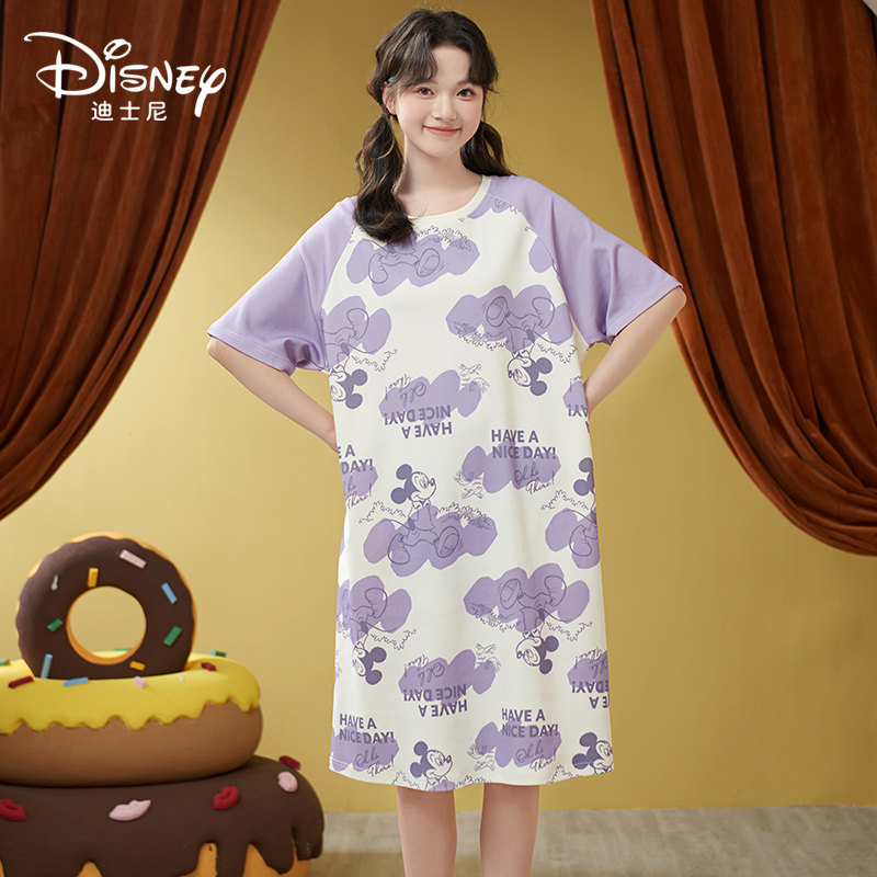 Disney/迪士尼夏季新款纯棉套头睡裙衣带胸垫舒适长款家居服0009