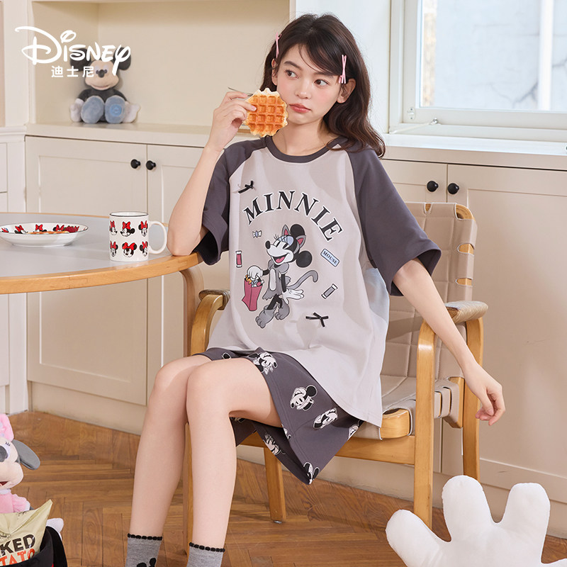 Disney迪士尼夏季套头纯棉短袖短裤带胸垫卡通动漫外出家居服0327