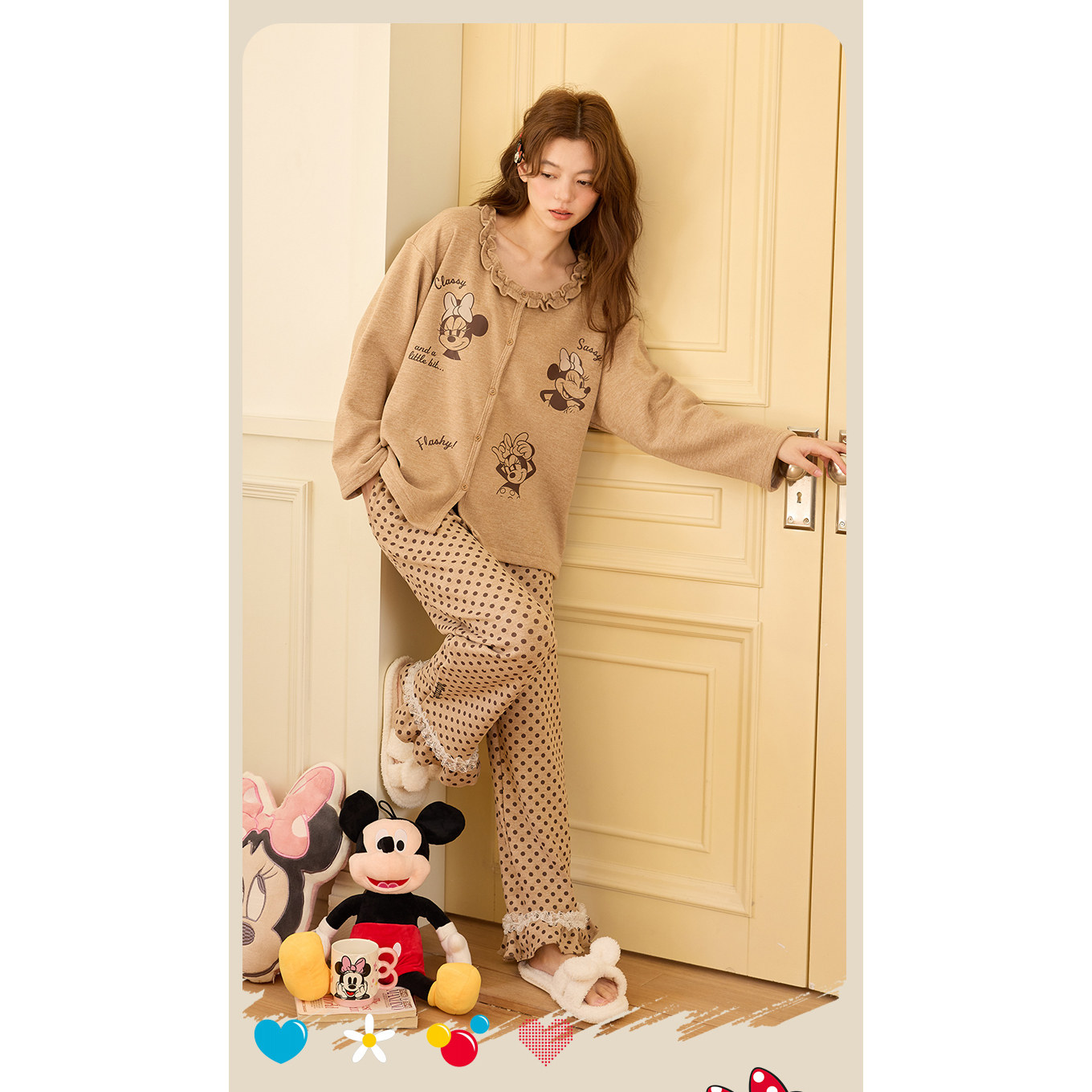 Disney迪士尼羊绒蚕丝秋冬女长裤长袖卡通印花大码舒适家居服0228