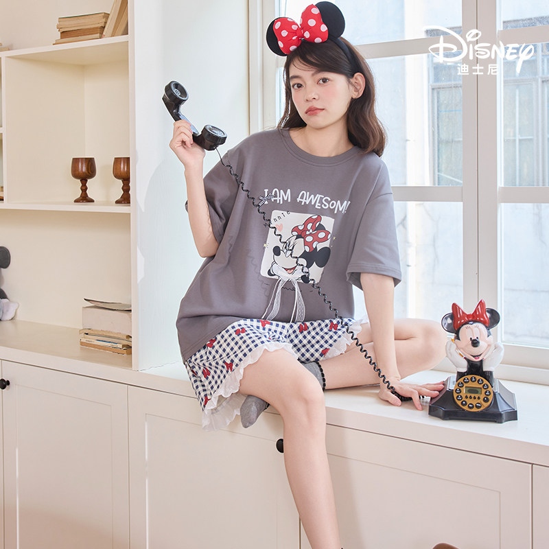 Disney迪士尼夏季新款纯棉短袖短裤带胸垫卡通大码舒适家居服0339