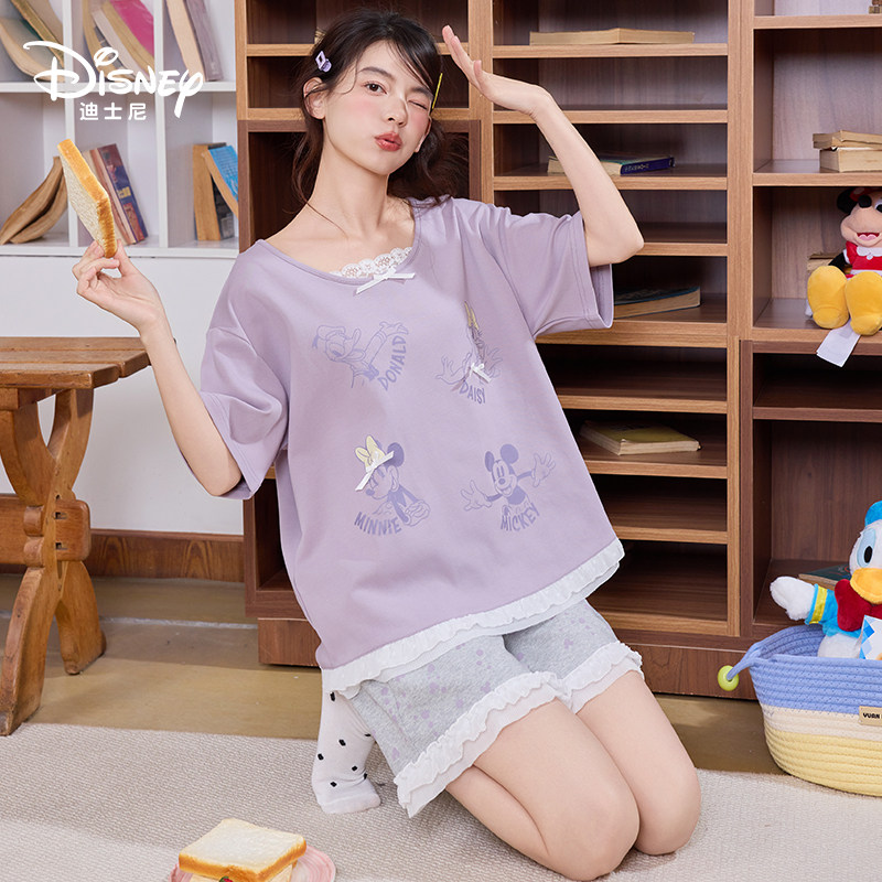 Disney迪士尼夏季纯棉新款短袖短裤带胸垫印花大码外穿家居服0316