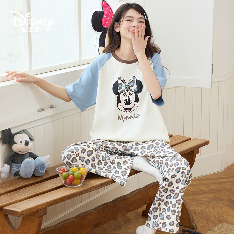 Disney迪士尼新款春夏纯棉短袖长裤套头带胸垫舒适休闲家居服0291