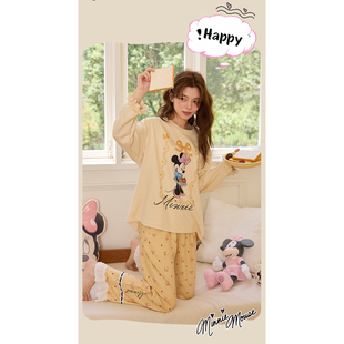 Disney迪士尼秋冬女羊绒蚕丝圆领长袖长裤甜美学生卡通家居服0209