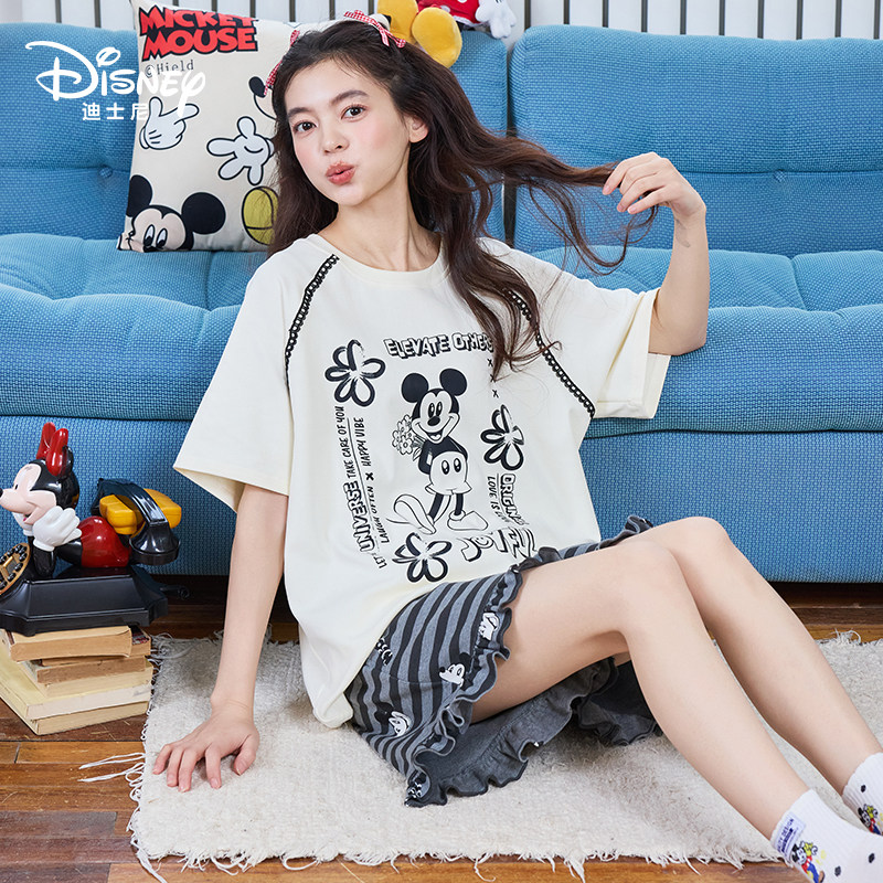 Disney迪士尼春夏新款纯棉短袖短裤套头带胸垫休闲舒适家居服0275
