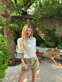 女新辣妹收腰短袖 ski 上衣 美高学姐 五分口袋衬衫 Tannin赤兔