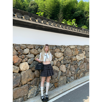 skibyTannin双层格纹百褶短裙