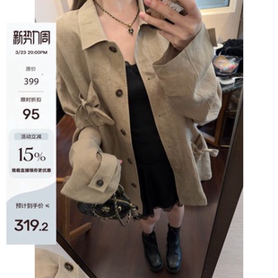 淡人外套 Tannin赤兔 砂洗亚麻 不对称蝴蝶结口袋长袖 ski 衬衫