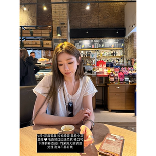 V领100竹节棉卷边短袖 ski 夏日氧气tee Tannin赤兔 T恤女春