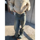 ski 女秋 高腰百搭休闲复古阔腿棕咖猫须水洗牛仔裤 Tannin赤兔