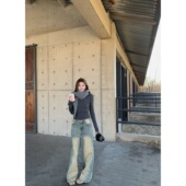 ski byTannin赤兔海盐黄调特调怀旧立体猫须水洗浅蓝色加绒牛仔裤