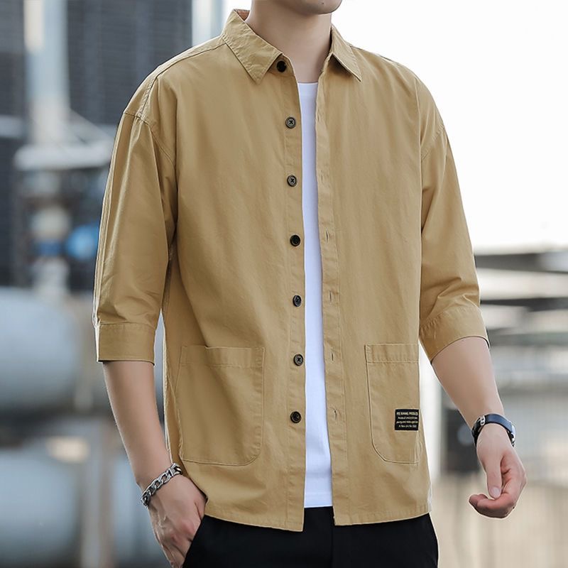 新款夏季高端工装外套休闲纯色宽松七分袖衬衫男士长袖潮牌短袖帅