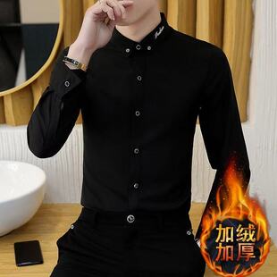 秋冬季男士加绒加厚保暖衬衫韩版潮流帅气刺绣衬衣男长袖弹力免烫
