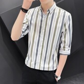 男韩版 修身 寸衫 夏季 短袖 衬衫 潮流半袖 男装 条纹中袖 休闲七分袖 衬衣