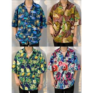 夏威夷沙滩海边夏日泰国风花衬衫痞帅男女情侣装薄款短袖衬衣外套