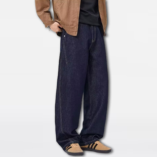 深蓝美式高街廓形弯刀宽松阔腿牛仔裤男女垂感慵懒休闲拖地直筒裤