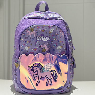 澳洲Smiggle书包粉色镭射马双肩减压护脊多功能收纳1-6小学生背包