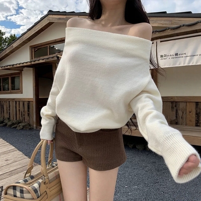 一字肩长袖针织衫女秋季宽松慵懒风毛衣百搭白色露肩内搭显瘦上衣