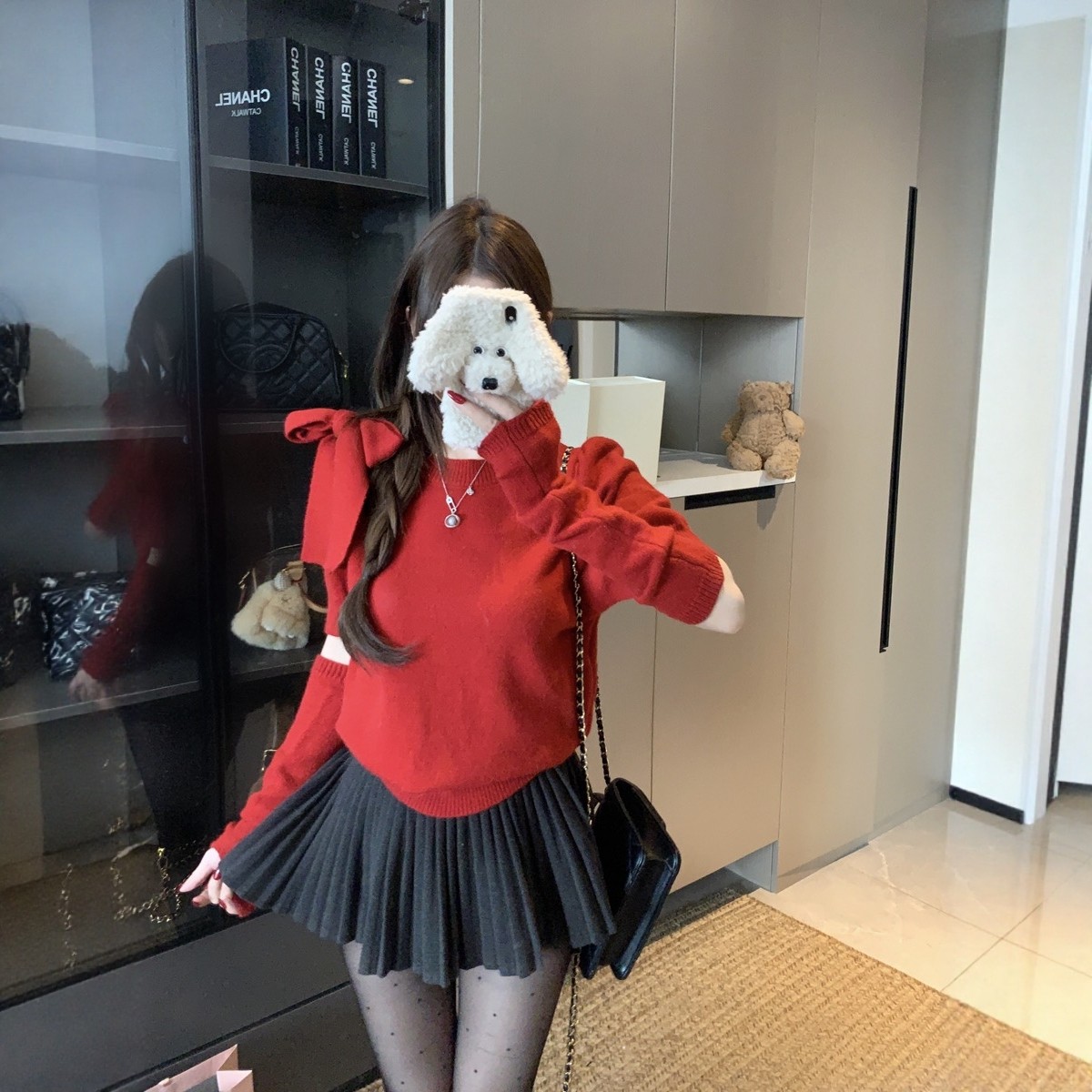 蝴蝶结复古红色圆领套头针织衫女冬季设计感袖套毛衣气质百搭上衣,女装/女士精品,毛针织衫,淘宝优惠券,粉丝福利购,淘宝优惠卷