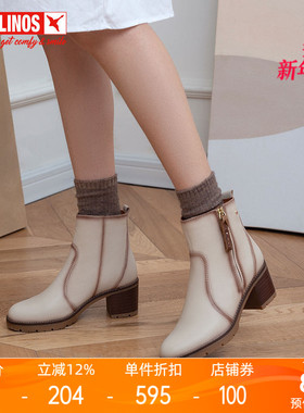 Pikolinos派高雁冬季牛皮圆头粗跟高跟纯色优雅短靴PA227002