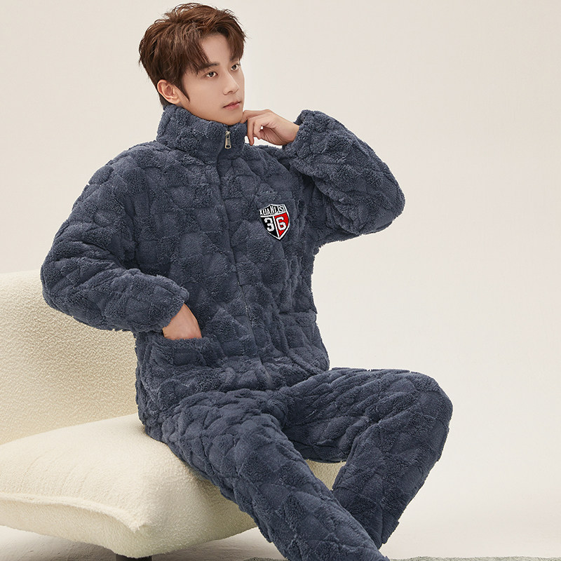 睡衣男士冬季法兰绒夹棉三层加厚加绒加肥加大码男冬天家居服套装