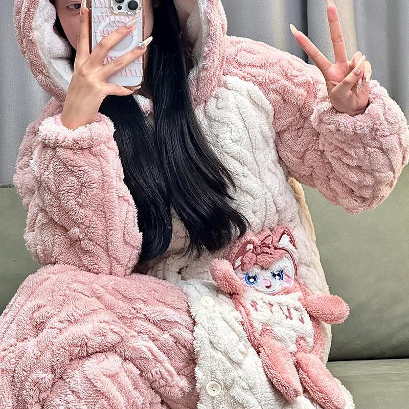 女提花绒连帽长袍睡袍居家外穿