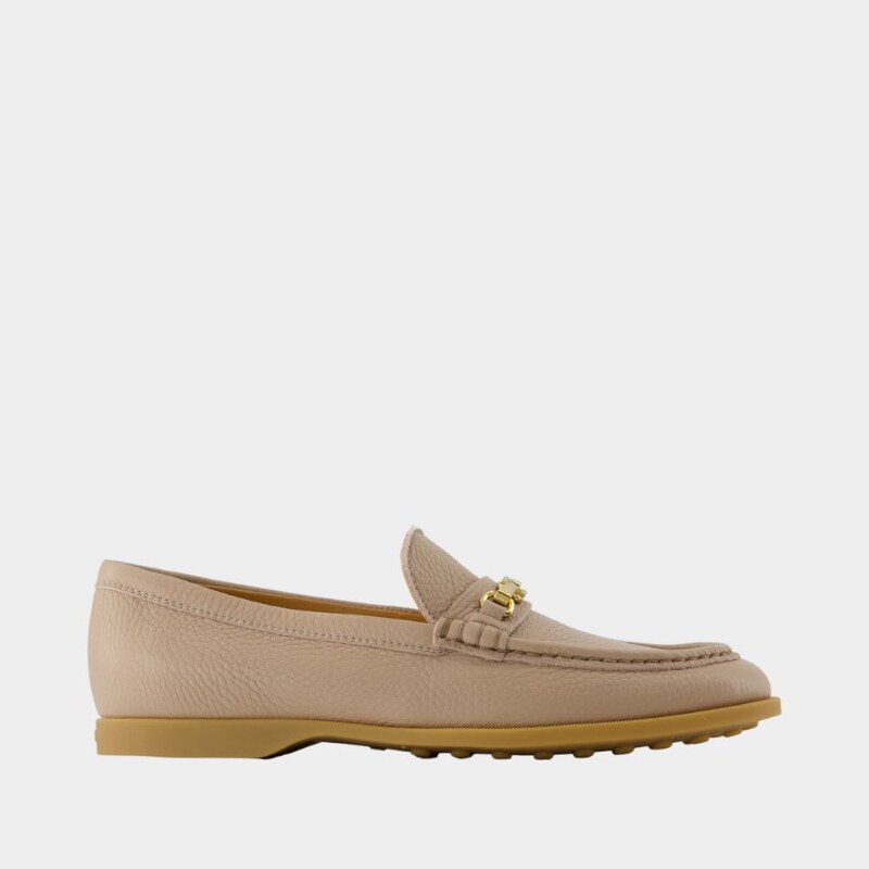 Tod's 金属扣乐福鞋女杏色荔枝纹软底一脚蹬通勤平底单鞋
