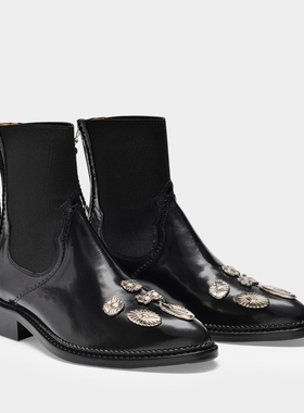 Toga Pulla 黑色及踝鞋子 牛皮皮质低跟靴正品