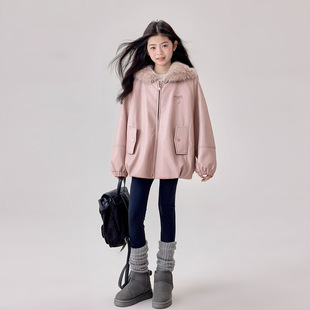 2026女童保暖两面穿加绒皮衣外套秋冬新款女孩洋气冬装粉色厚棉服