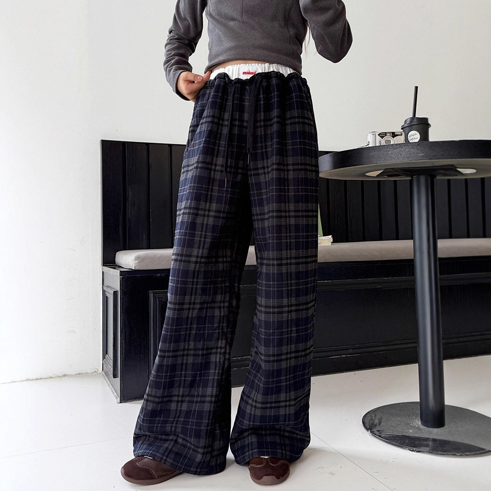 女童休闲裤2025冬装新款儿童韩系拼接格子裤大童加绒加厚阔腿裤子