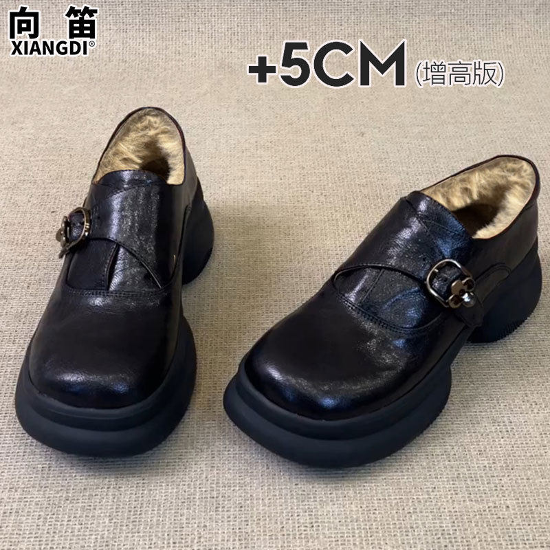 牛皮版厚底粗跟乐福鞋子女鞋小皮鞋加绒加厚保暖棉鞋羊毛雪地靴女