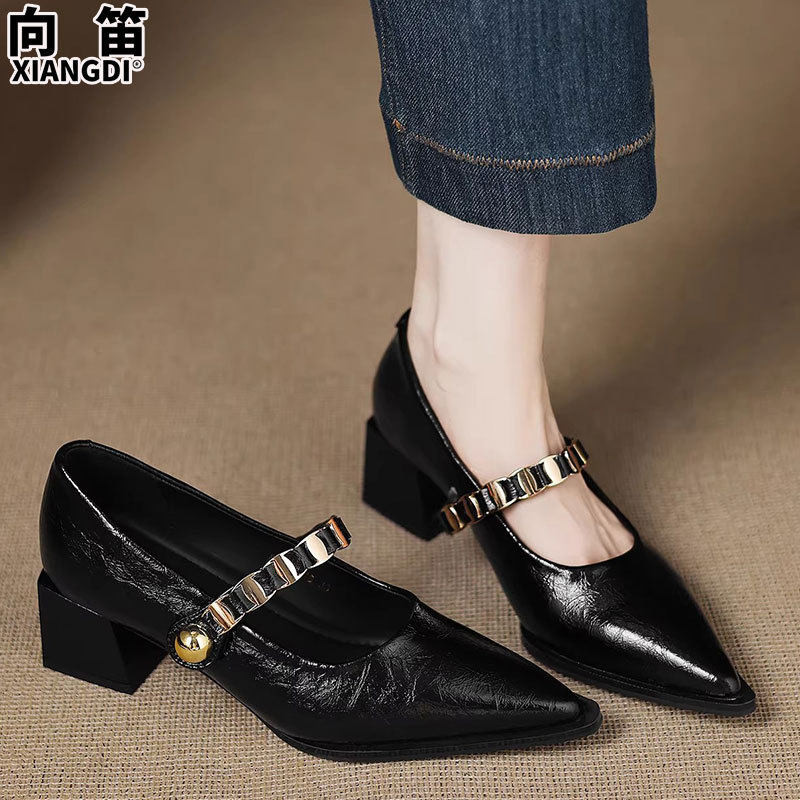 羊皮版尖头高跟鞋女鞋粗跟玛丽珍鞋2026早春季新款浅口单鞋小皮鞋