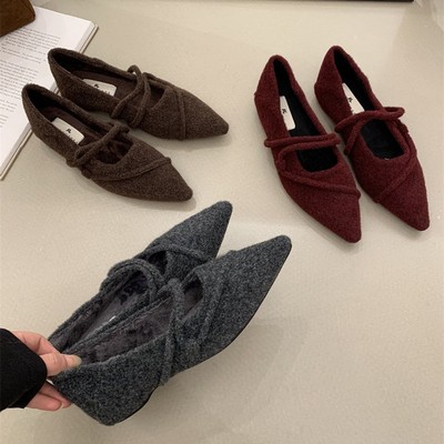 尖头单鞋女新款2025秋冬绒面女鞋红色平底鞋子内增高浅口玛丽珍鞋