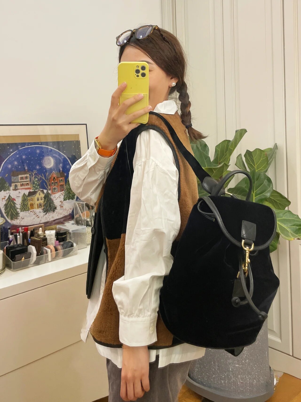 韩系双肩包小众简约高级纯色复古风车缝线手提丝绒黑背包旅行包女