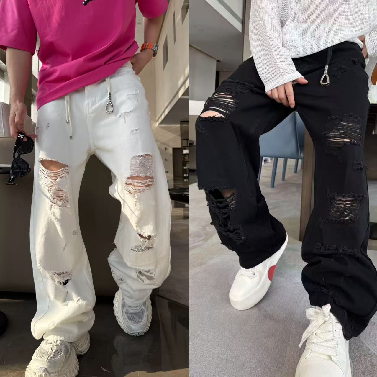 金先生潮流破洞半松紧腰直筒纯色休闲百搭牛仔裤